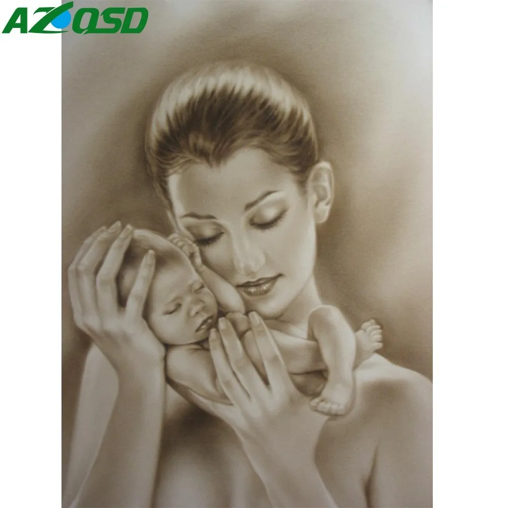 

AZQSD Diamond Painting Mom And Baby Cross Stitch Portrait Full Round DIY Diamond Mosaic Home Decor Wall Mother Day LOVE Gift
