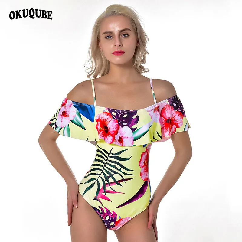 

One Piece Floral Women Swimwear Boat Neck Swimsuit Woman Padded Beachwear Female Bathing Suit One Piece Bikini Swimming Suit XL