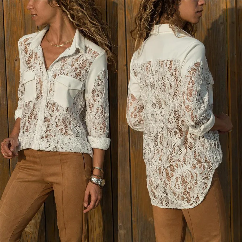 

Women Ladies Casual Lace Hallow Out V-Neck shirt Long Sleeve Tops Blouse Womens Clothing Top Femme Mujer Clothes Shirts Tops