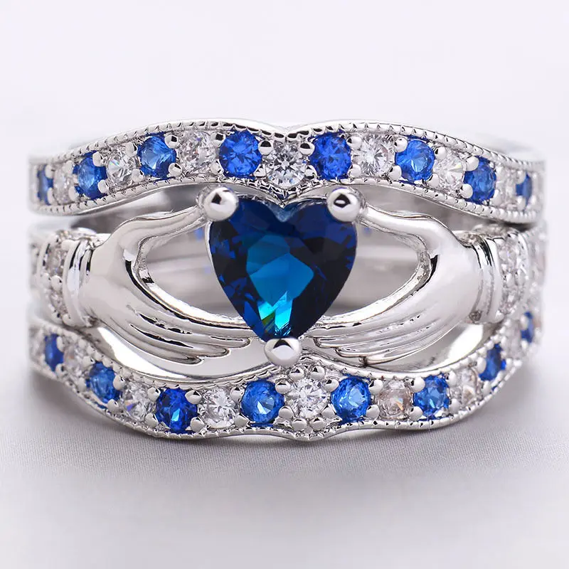 

New Sterling 925 Silver Diamond Close women's Ring Blue Crystal Three-layer Heart-shaped Jewelry Silver Christmas Bague Rings