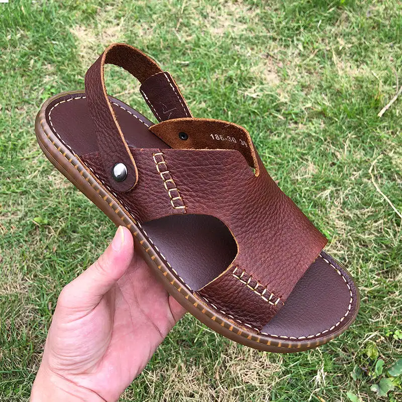 

US Size Men Slides Shoes Lichee Grain Genuine Leather Casual Sandals Man Slippers Summer Outdoor Shoes