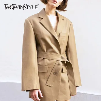 

TWOTWINSTYLE Vintage Blazer Coat Female Long Sleeve Bandage High Waist Suits For Women Spring 2020 England Style Clothing New