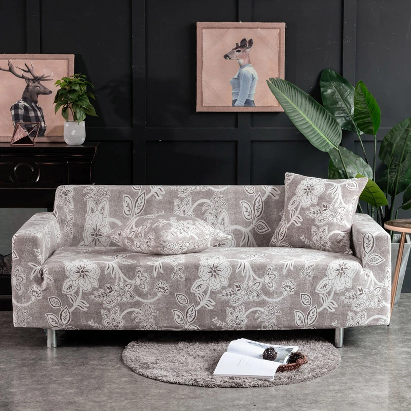 Flower Print Gray All Covered Elastic Non Slip Double