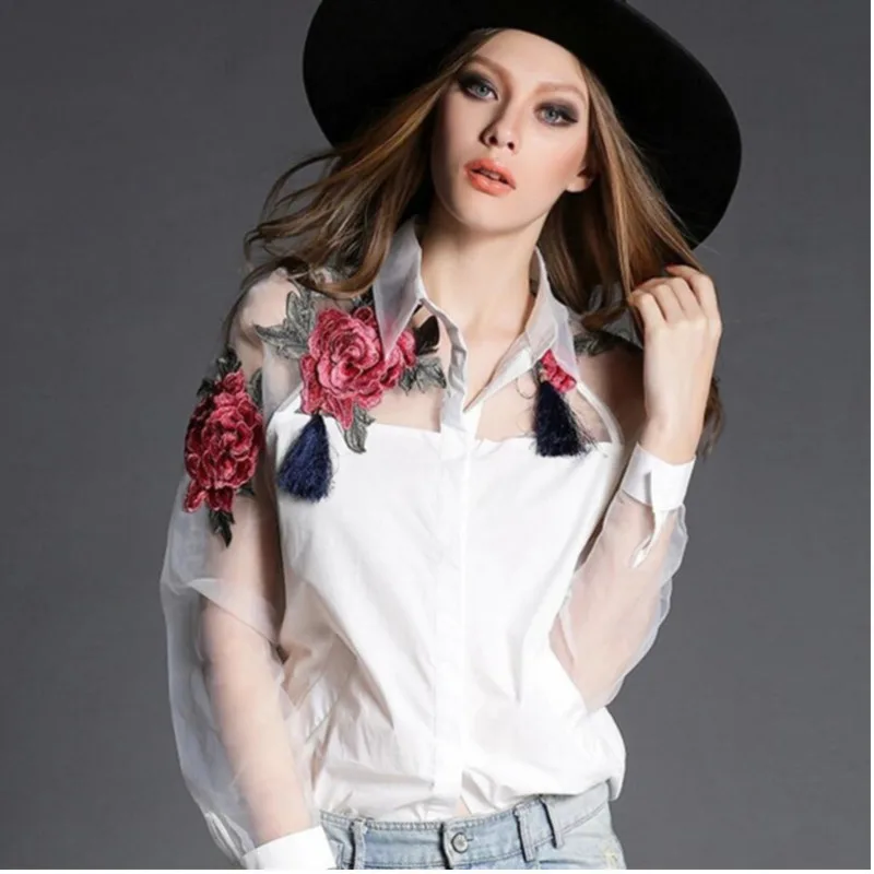 

2019 New Spring Office Lady Flower Embroidery Transparent Elegant Blouse Women See-through Mesh Blouses Shirts Summer Tops 3XL