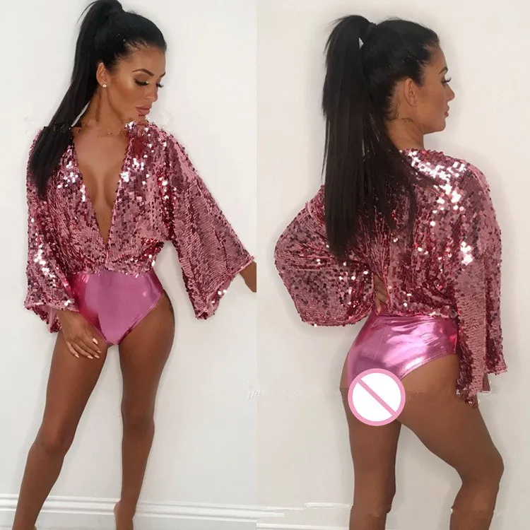 

Silver Deep V Neck Sequin Wrap Bodysuit Flare Sleeve Sexy Jumpsuit Night Out Women Party Bodysuits Combinaison