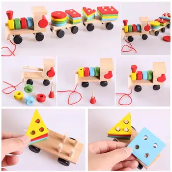 

2019 Baby Toy Wooden Geometric Small Train Vehicle Blocks Educational Wooden Montessori toys for Childrne Gift