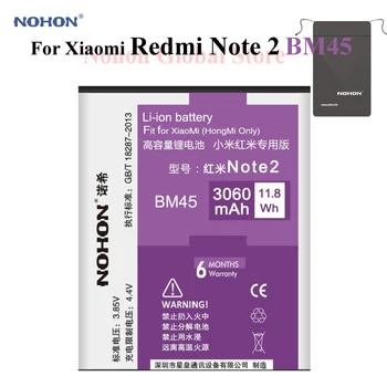 

Hot NOHON Li-ion Battery For Xiaomi RedMi Note 2 Hongmi Red Rice Note2 High Capacity Lithium 3060 mAh Replacement Bateria BM45