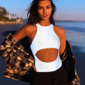 

2019 Summer Reflective Silver Hollow Out Women Sexy Bodysuits Skinny Solid Round Neck Sleeveless Elastic Casual Bodysuit