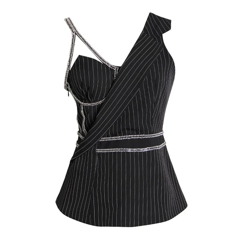 

2019 New Summer V-neck Sleeveless suit vest Black Rhinestone Striped Vest Women asymmetric Fashion sexy bright diamond tank top