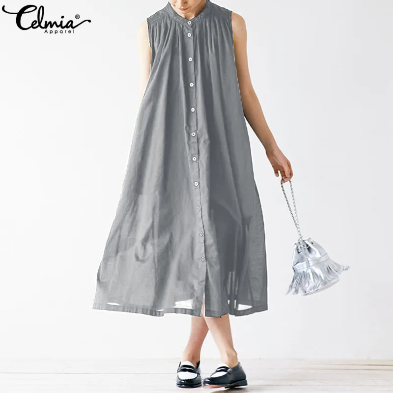 

2019 Celmia Sexy Sleeveless Summer Dress Women Casual Loose Button Pleated Shirt Dresses Solid Midi Party Vestidos Plus Size 5XL