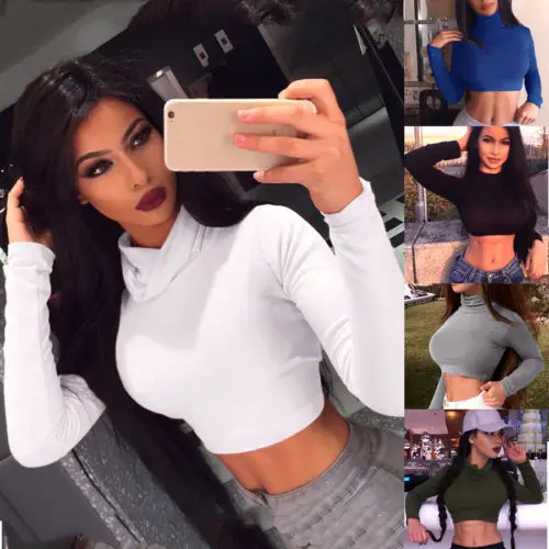 

Fashion 2019 Women Solid Turtle Neck Crop Tops Long Sleeve Plain Stretch Casual T- Shirts Sexy 3 Colors