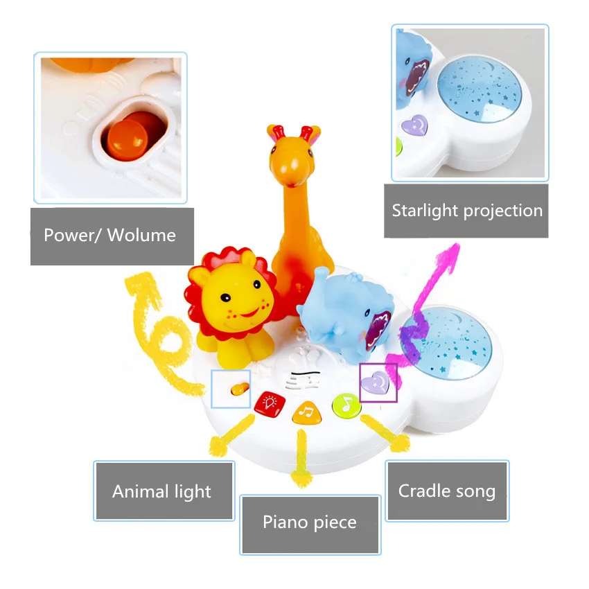 Светодиодный светильник для сна, игрушки, музыкальный животный парк, слон, Лев, жираф, красочный светильник со звездами, Лампа для проектора, колыбель, детская игрушка для гипноза