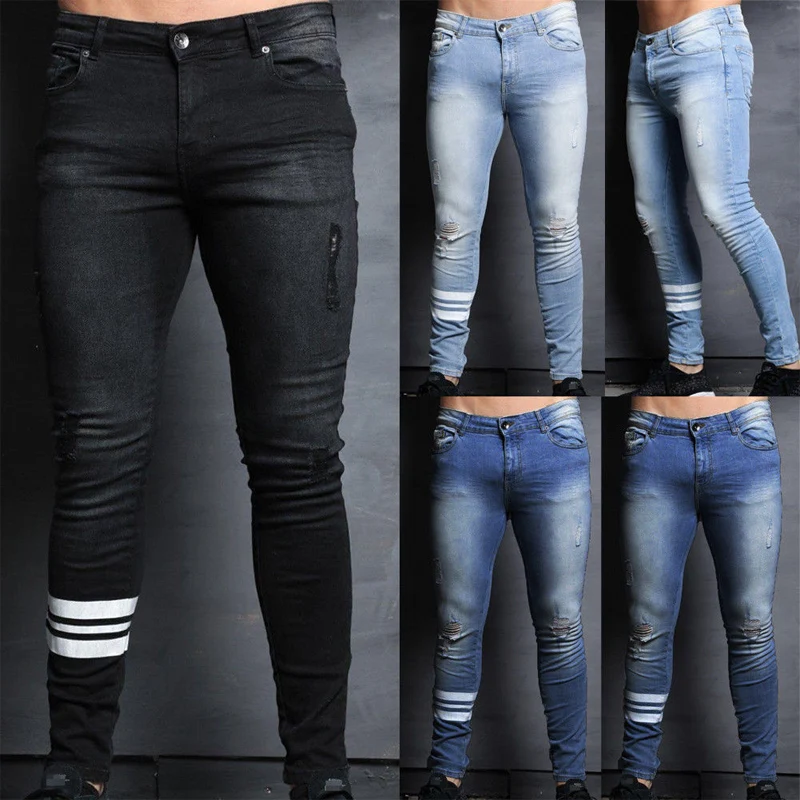 Skinny Jeans Men Ripped Black Cycle Striped Jeans Stretch Slim Fit Elastic Biker Jeans Male Big Size Ankle Tight Guys