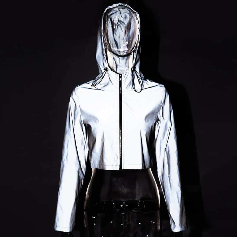 discounted  TAUPIN AM Reflective Hooded Bomber Jacket Women Long Sleeve Crop Top Spring 2020 Drawstring Zip Up 