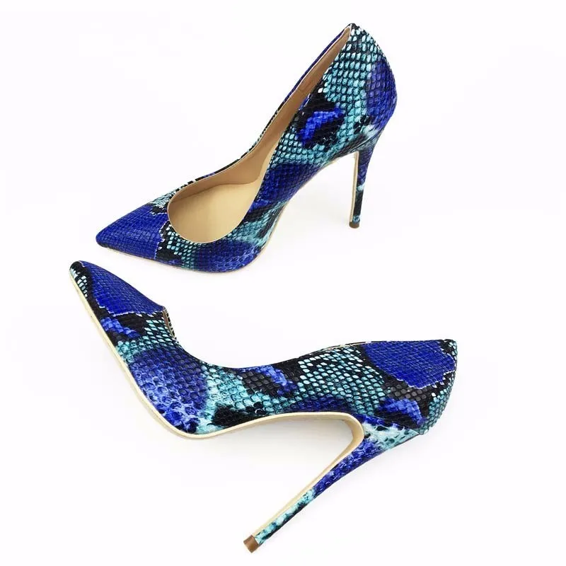 

2018 NEW ARRIVE Women Shoes Blue Snake Printed Sexy Stilettos High Heels 12cm/10cm/8cm Pointed Toe Women Pumps