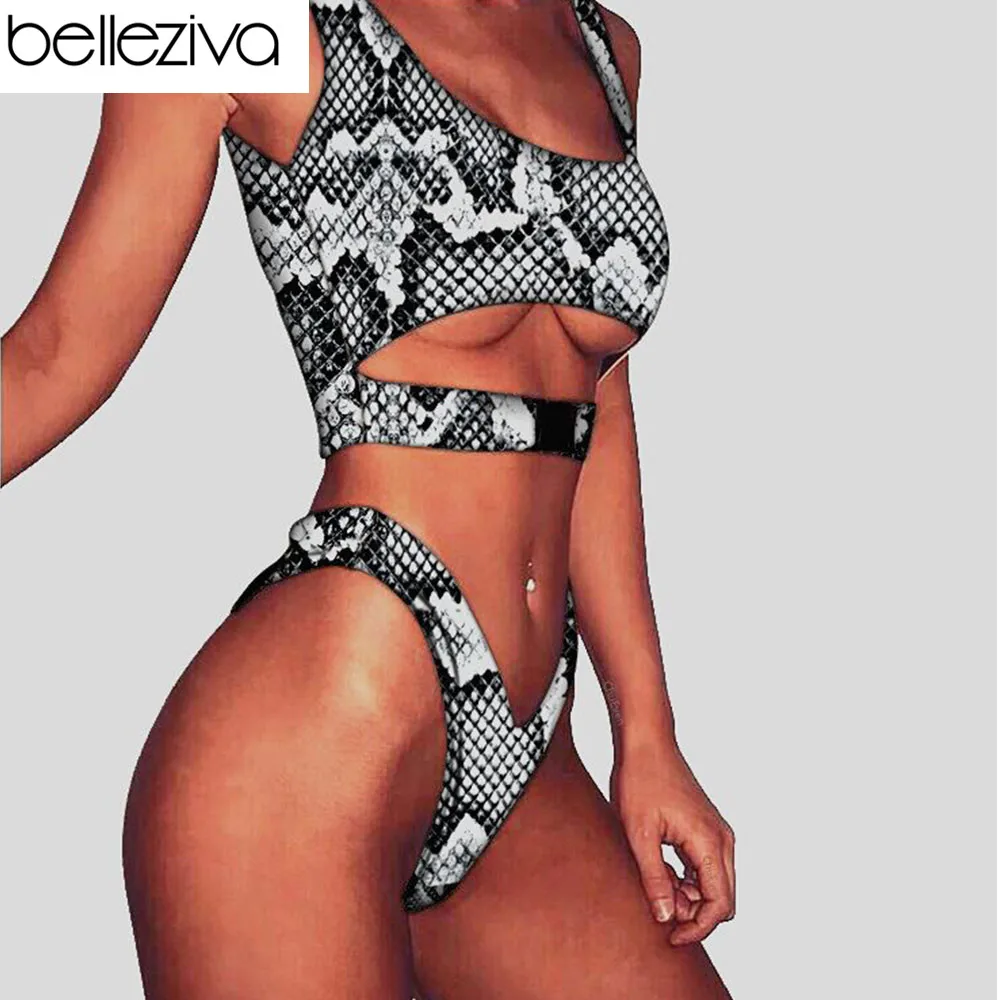 

Belleziva V Bottom High Cut Tankini Buckle Sexy Swimsuit Push Up Python Pattern Print Bikini Hollow Out Women Bathing Suit