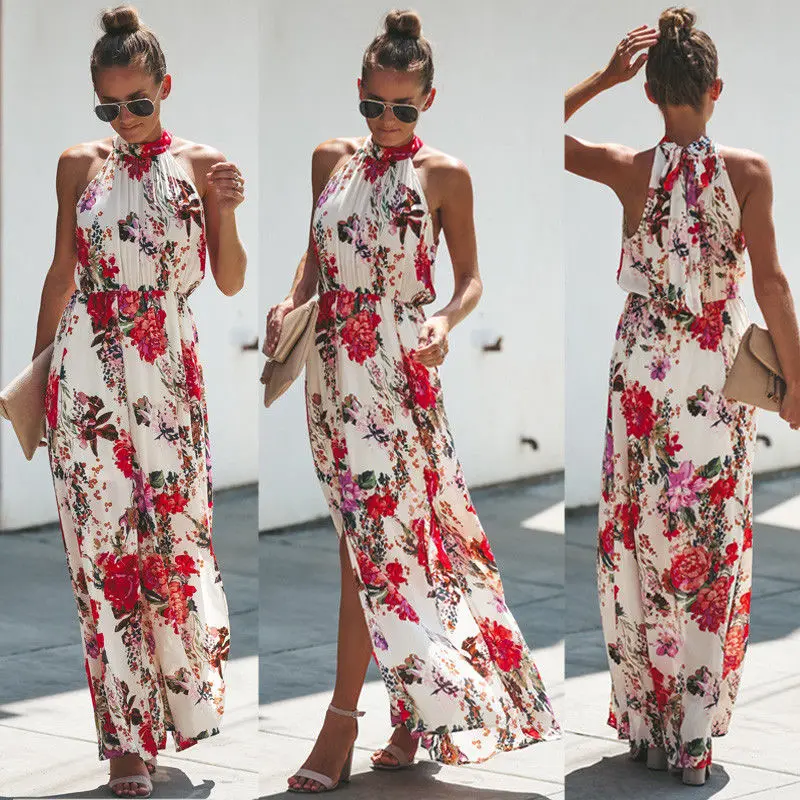 

Womens Boho Long Maxi Dress Lady Evening Party Beach Dress Sundress Floral Sleeveless Long Dress