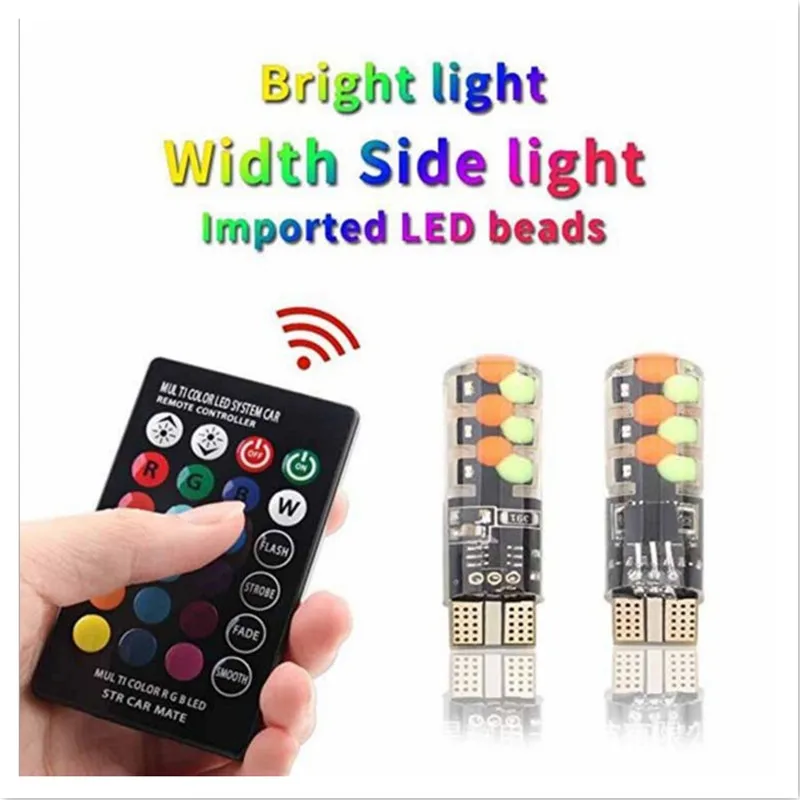 

2pcs T10 W5W RGB LED Bulbs With Remote Control 12Chips COB Silicone Shell Strobe Flash Auto Reading Lamp Wedge Car Parking Light