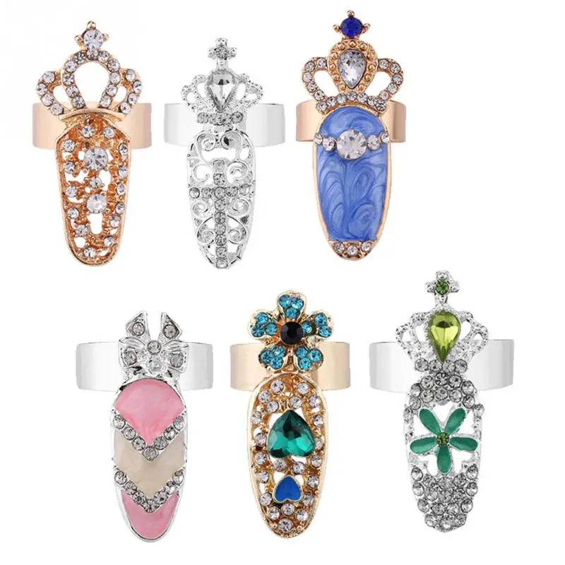 

7 Types Bowknot Crystal Finger Nail Art Rings Golden Armor Joint Tail Ring Jewelry For Party