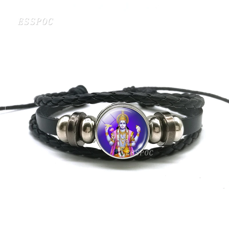 Lakshmi богиня Кнопка кожаный браслет ювелирные изделия Lakshmi Hinduism подвеска амулет Светящееся Стекло кабошон кулон для него или ее