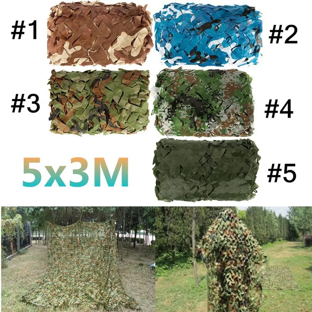 

5x3m Outdoor Military Camouflage Net Camo for Hunting Covering Camping Woodlands Leaves Hide Sun Shelter Car-cover 5 Color