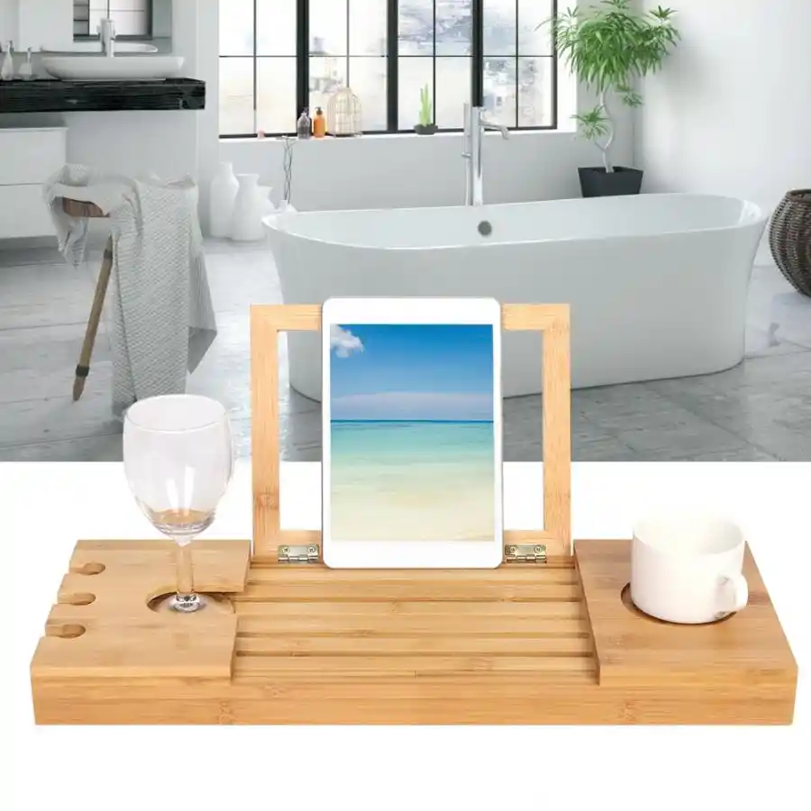 Bamboo Bathroom Tray Telescoping Bathtub Desk For Phone Laptop