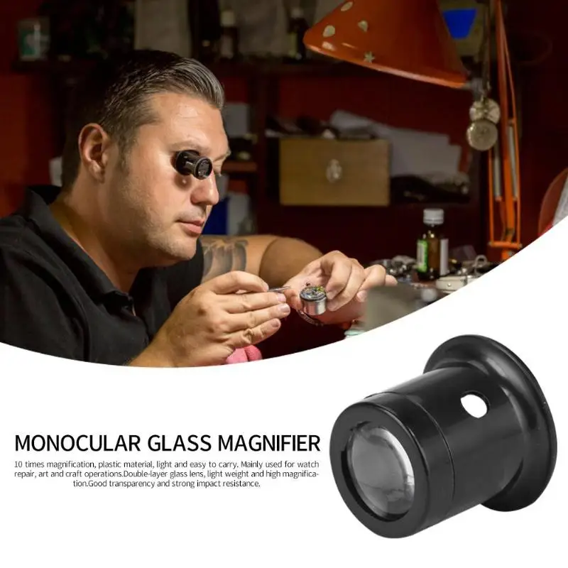 

10X Plastic Monocular Glass Magnifier Watch Jewelry Repair Tools Loupe Lens Watchmakers Black Useful Eye Optical Loop Magnifying
