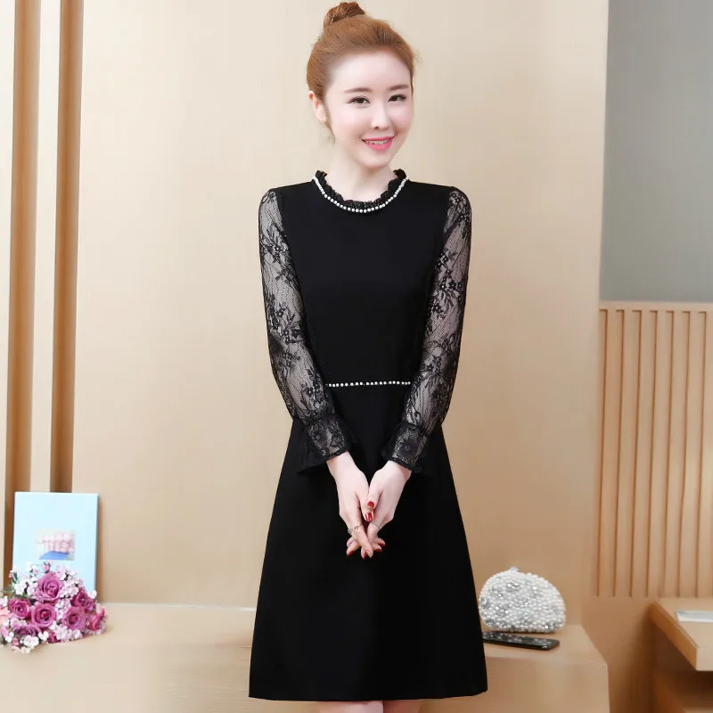 

Spring Autumn Women Hollow Out Bodycon Lace Crochet Office Dress Elegant O-neck Long Sleeve Party Dresses Plus Size