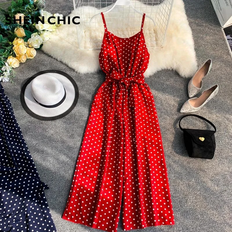 

Holiday Beach Retro Dot Print V-Neck Rompers Bow High Waist Sleeveless Loose Overalls Rompers Elegant Women's Jumpsuit