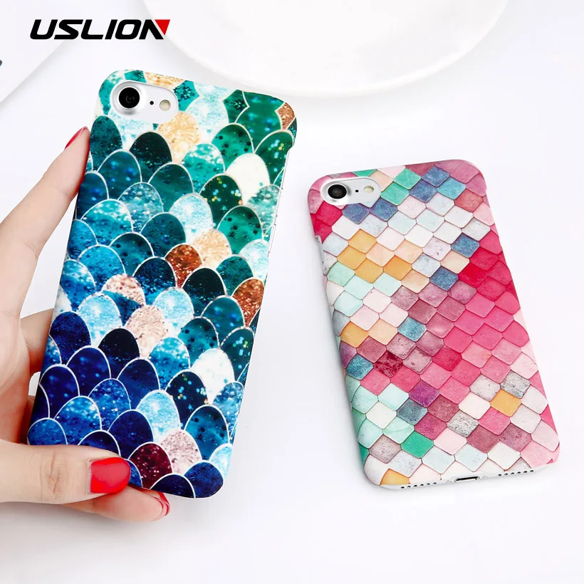 

USLION Fish Scale Case for iPhone 7 6 6s 8 Plus XR X Marble Pineapple Leaf Cover For iPhone XS Max 5 5s SE Hard PC Phone Cases