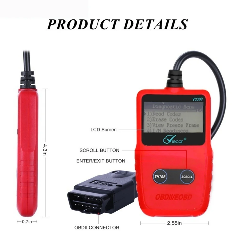 VC309 OBDII/EOBD считыватель кодов автомобиля диагностический универсальный OBD2 сканер