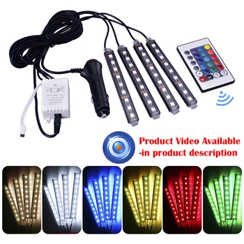 

4 in 1 Car RGB Decorative 9 LED DRL Strip Light DC 12V Auto Remote Control Interior Floor Remote Control Decal Atmosphere Lamp