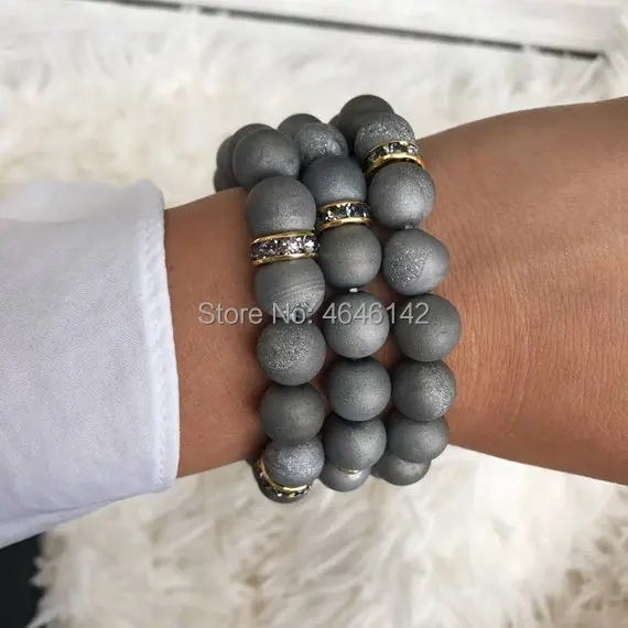 

Boho Pave Rhinstone Crystal Beaded Gray Silver Druzy Agates Stretch boho Bracelet