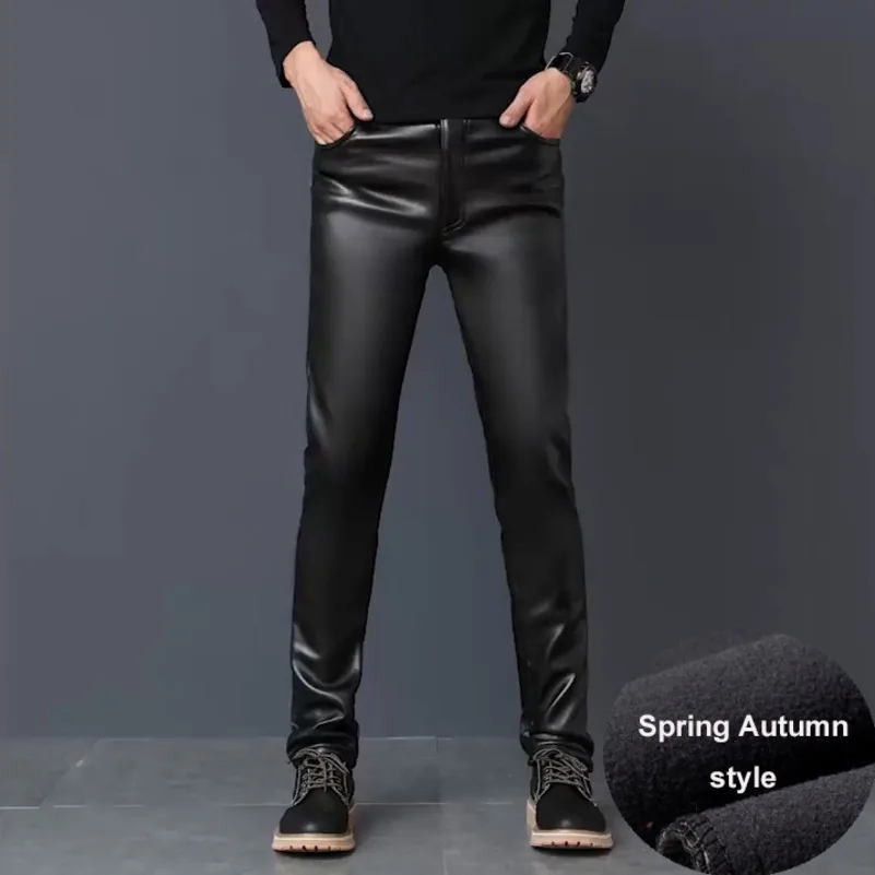 

#2201 Winter PU Faux Leather Pants Men Skinny Windbreak Waterproof Motorcycle High Elastic Tight PU Leather Trousers Plus Size