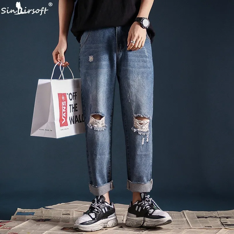 

High Street Skateboard Knee Hole Jeans Men Ankle-Length Pants Male Straight Trousers High Waist Loose 2019 Spring Fashion