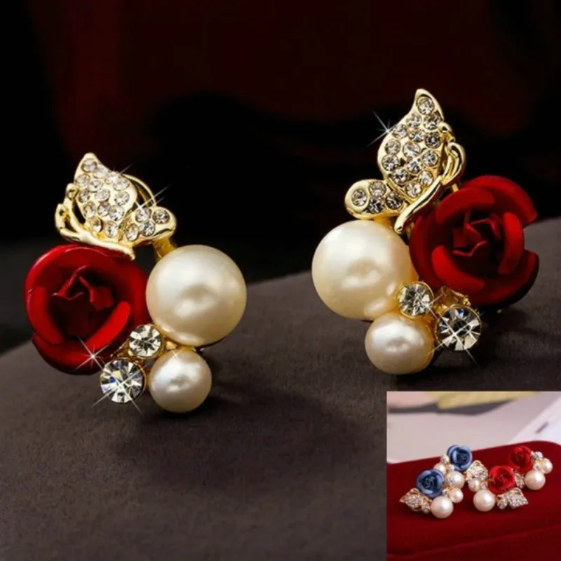 

New 1Pair Red Rose Flower Imitation Pearl yellow Crystal Stud Earring