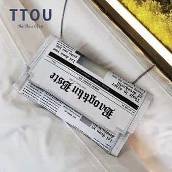 

TTOU Fashion Women Envelope Messenger Bag Newspaper Print Design Chain Bag Clutches Purse Ladies Crossbody Shoulder Bag