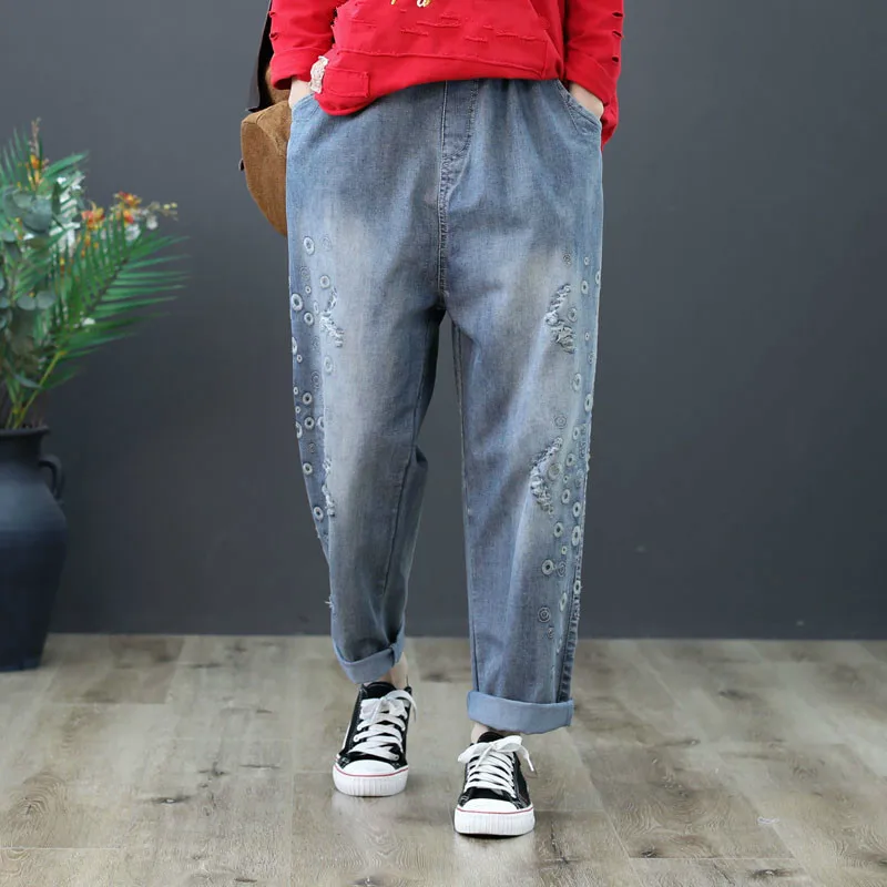 

Spring Summer Fashion Boyfriend Jeans For Women Vintage Embroidery High Waist Jeans Woman Denim Blue Loose Harem Jeans Femme