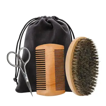 

3pcs Men's Beard Comb And Brush Set Wild Boar Brush For Distribute Ointment Grease Growth And Shape Add Luster Modeling Tool