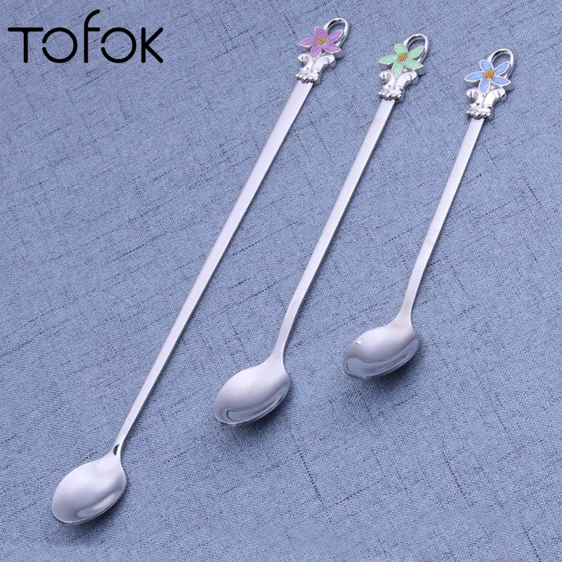 

Tofok Flower Enamel Coffee Stir Spoon Tea Mixing Scoop Vintage Metal Soup Sugar Dessert Ice Cream Ladle Kids Adult Kitchen Bar