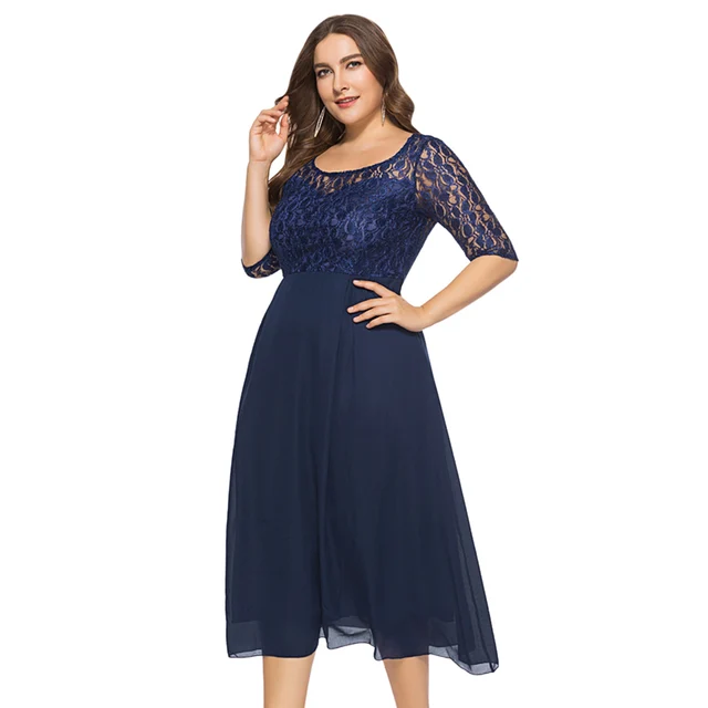 Wipalo Plus Size Spliced Lace Crochet Dress Women O Neck Half Sleeve A-Line Dress Vestidos Fall Summer Ladies Dresses Clothing