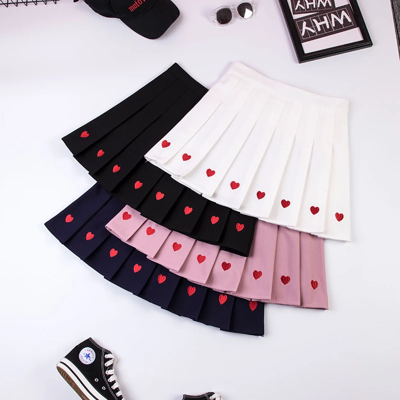 Модная Милая Однотонная юбка Повседневная любовь вышивка ремесло колледж Стиль Высокая талия плиссированная юбка тонкие дикие брюки юбка женская