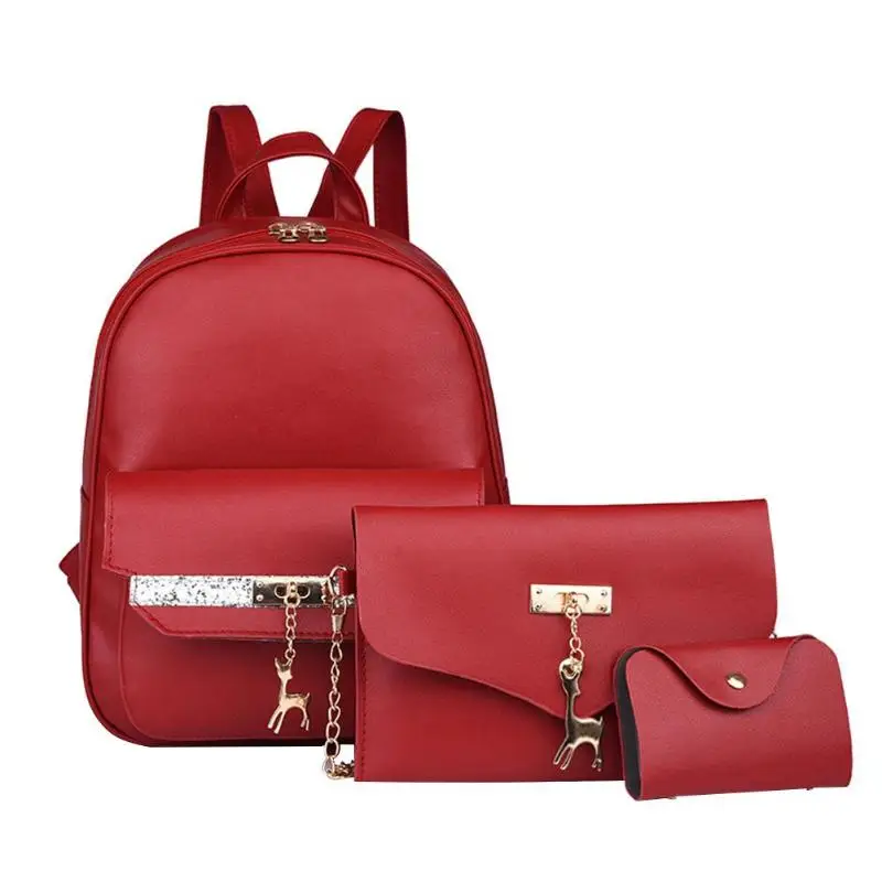 #*Cheap 3Pcs Set Women Girls Glitter PU Leather Backpacks Stuedents Deer Chain School Shoulder Bags Teen Crossbody Composite Card Pouch