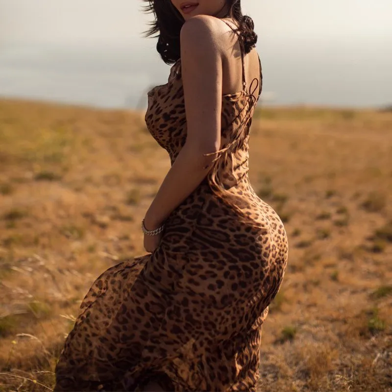 

Jrnnorv Summer Leopard Spaghetti Strap Sleeveless Long Dress Bottoming Soft Women's Slips Underwear Female Plus Size S-L BA1640