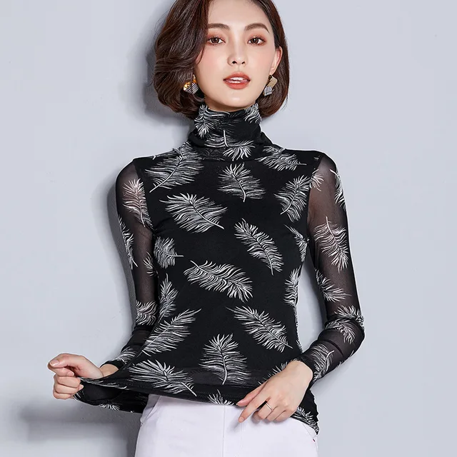 #1634 Spring Feather Print Turtleneck Thin See Through Long Sleeve T ...