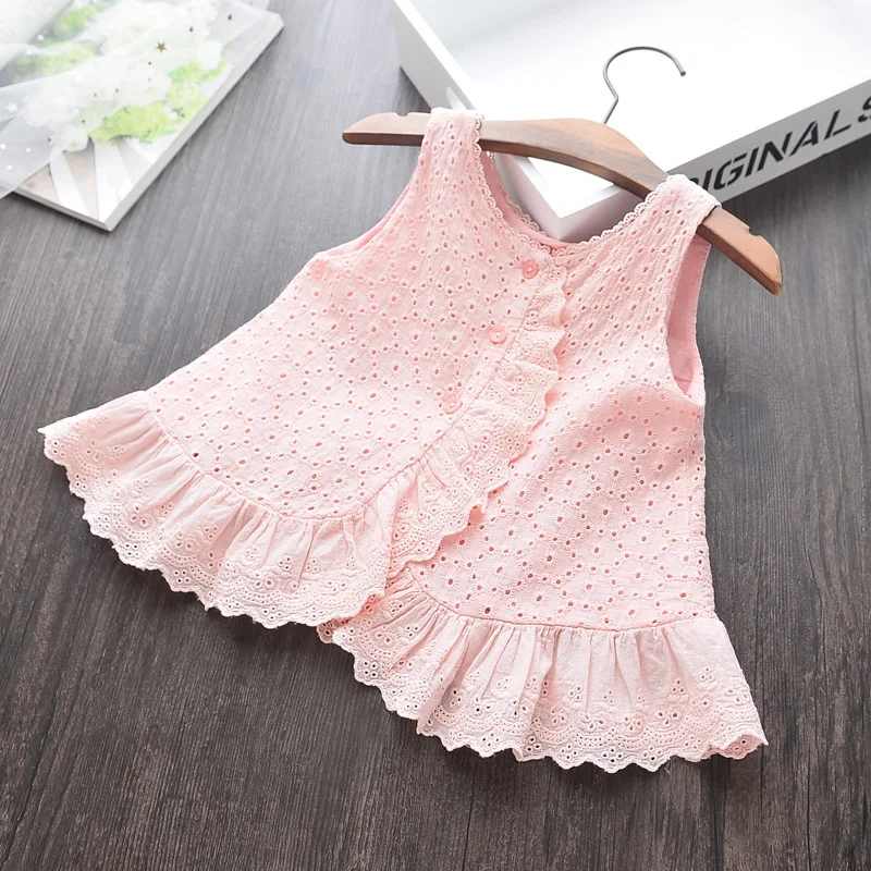 Toddler Girl Lace Top Kids Sleeveless Ruffle Blouse Flower Embroidery
