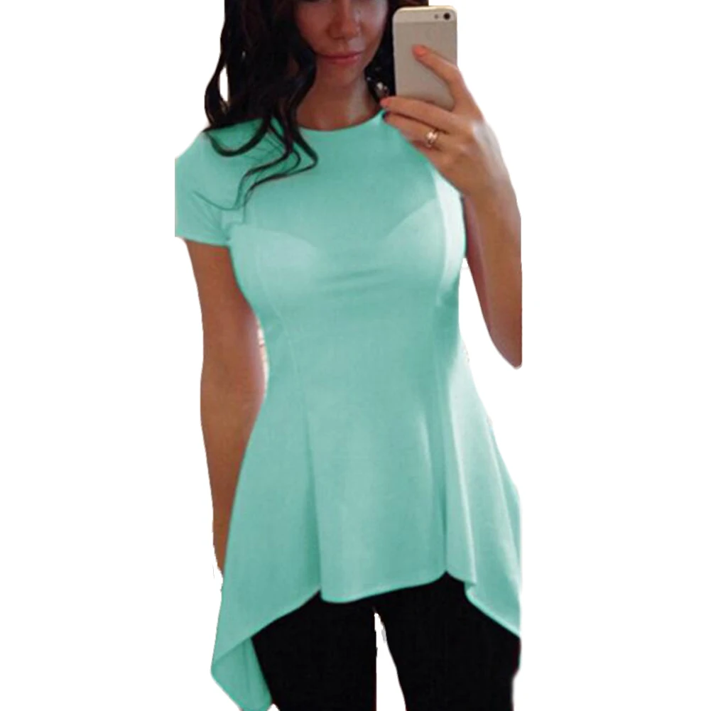 

Women Summer Casual Short T-shirt Irregular Hem Solid Color Slim Fit Tee