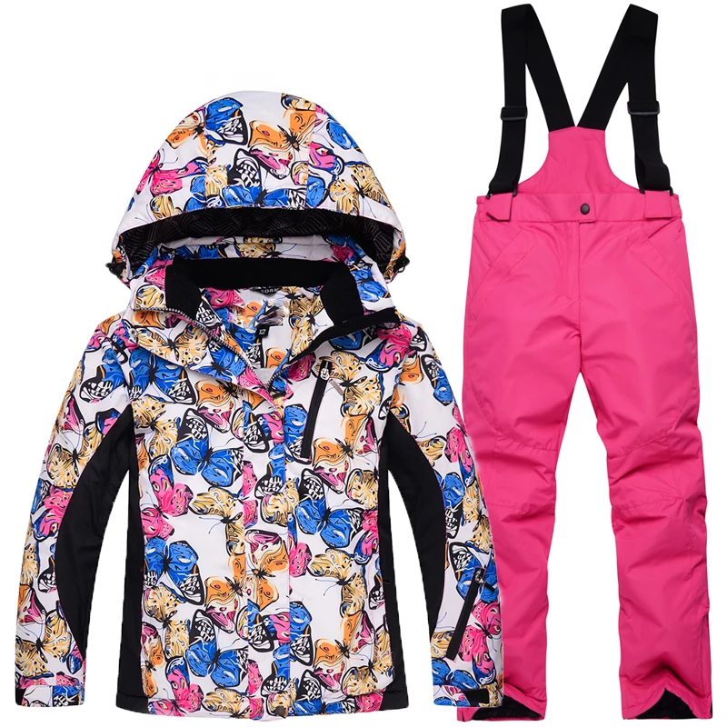 

Children Skiing Suit Girl Winter Outdoors Windbreak Waterproof Warm Thickening Butterfly Print Ski Jacket And Pants 2pcs Set