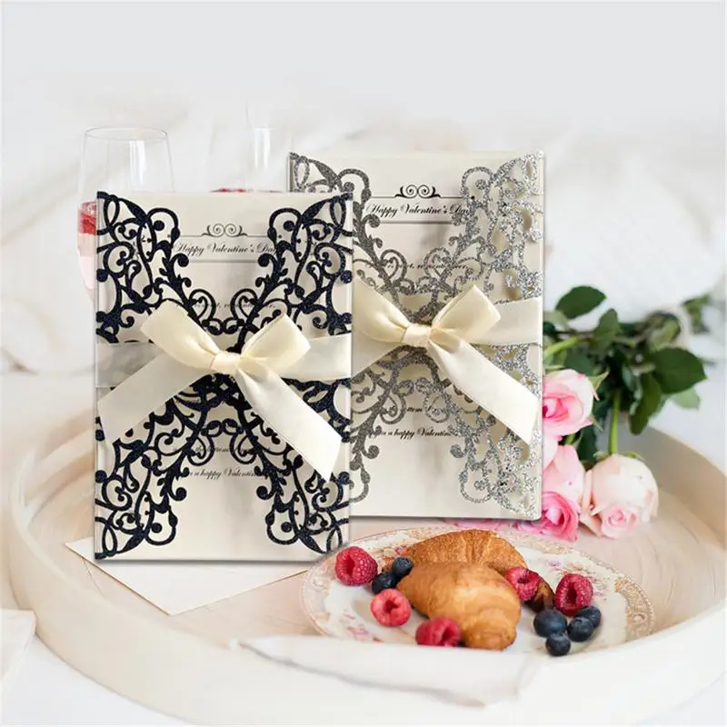  10PCS Bowknot Glitter Invitations European Style Laser Cut Wedding Invitations Holiday Greeting Car - 32993340324
