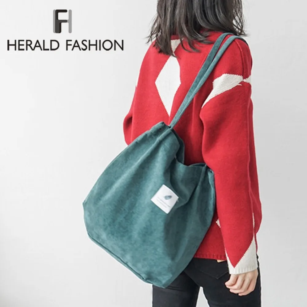 

Herald Fashion Solid Corduroy Shoulder Bag Environmental Shopping Bag Tote Package Crossbody Bags Purse Casual Handbag For Women